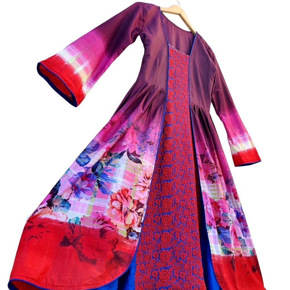 Long Sleeve Dress Floral Red Blue Embroidered Patchwork Kameez Size S NWOT - Picture 8 of 16